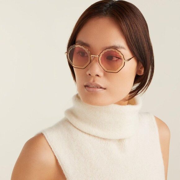 NEW Chloé Eyewear Tally seashell-frame sunglasses Gold/pink Shaded - Picture 1 of 11